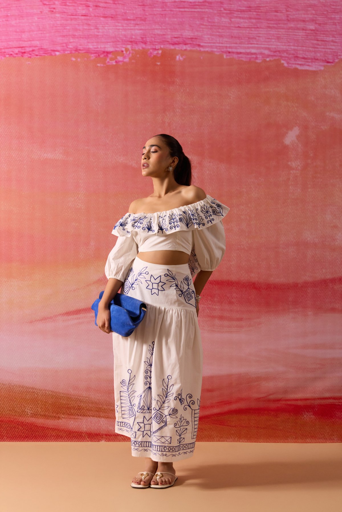 White and Blue Embroidered Off-Shoulder Co-ord Set