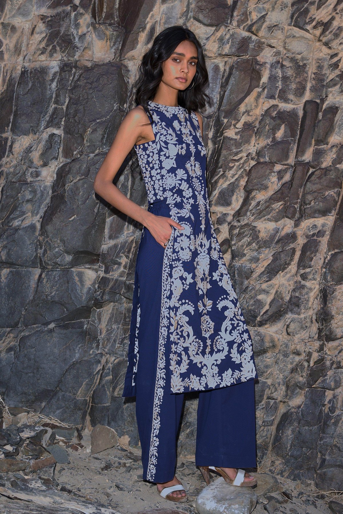 Navy Straight-Leg Trousers with Side Embroidery