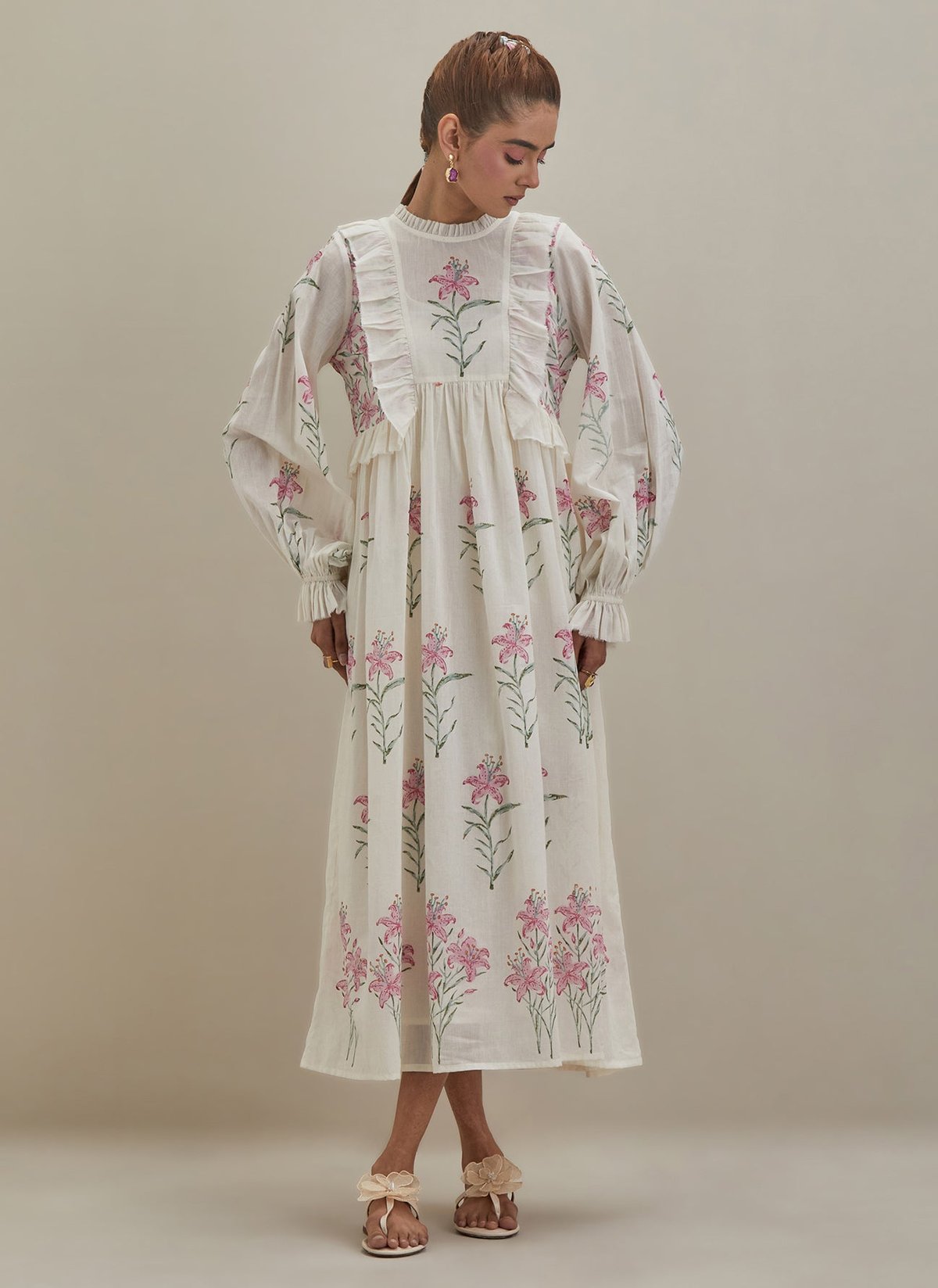 Off White Cotton Dress Block Print