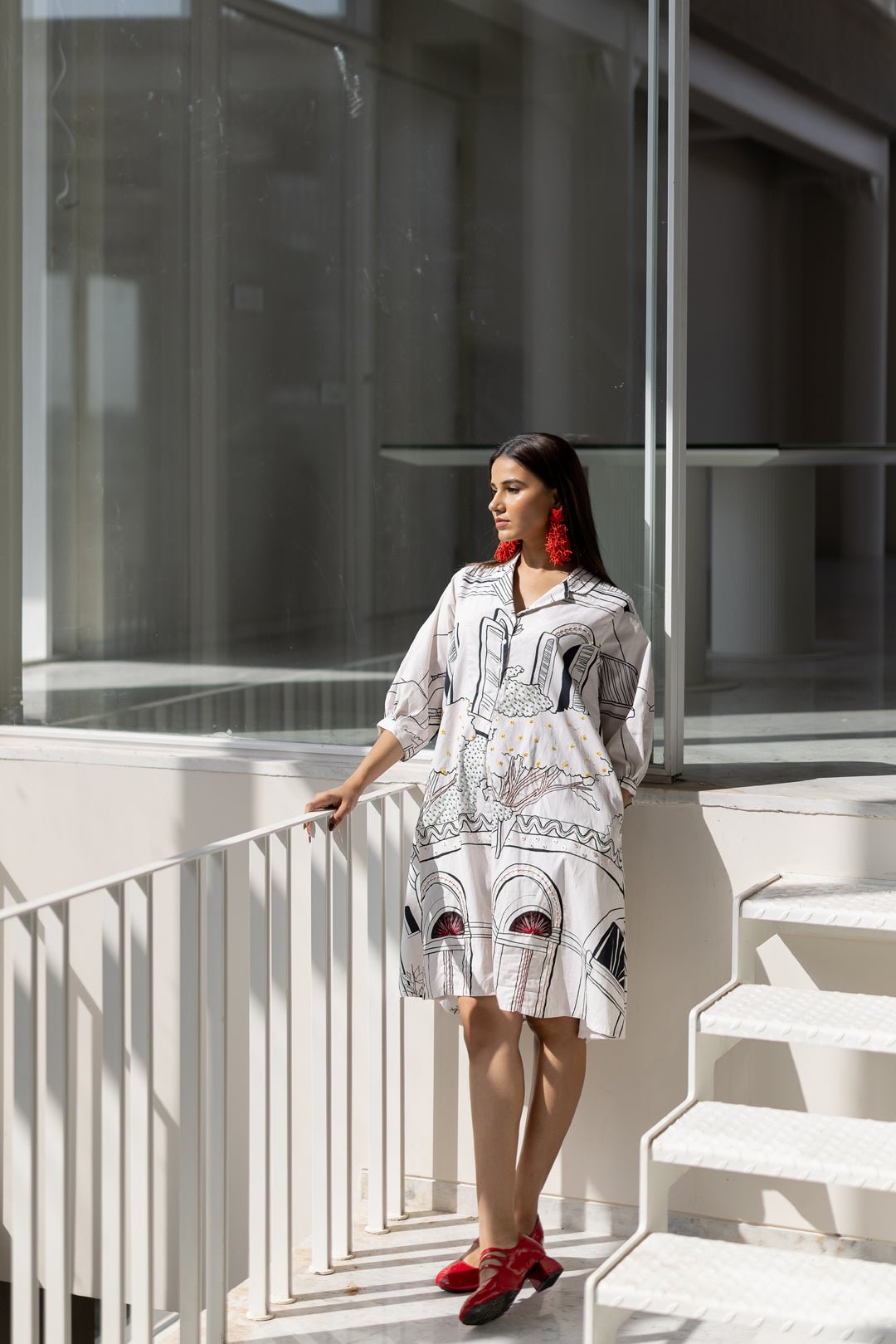White Graphic Print Shirt Dress