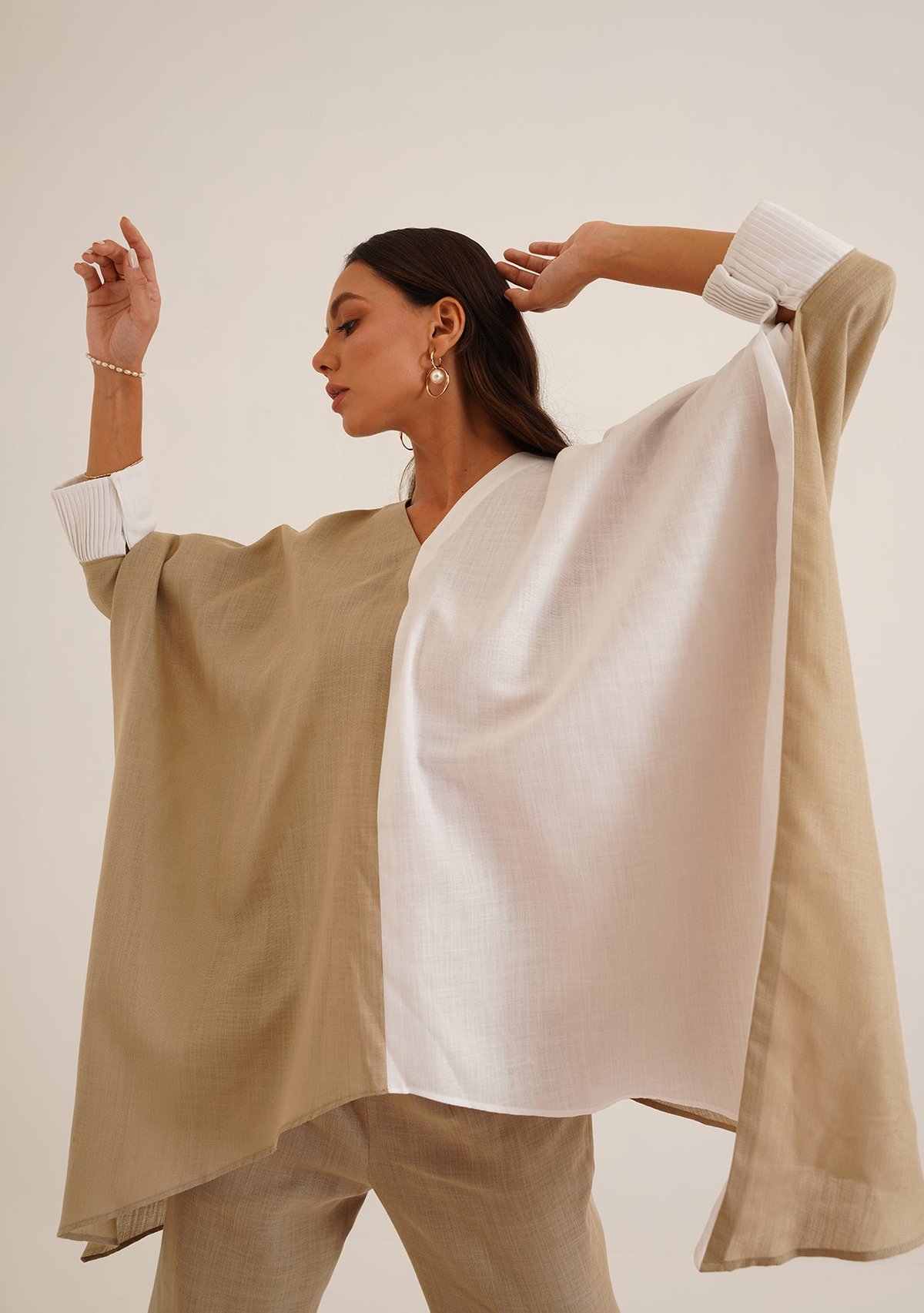 Beige and White Colorblock Kaftan Co-ord Set