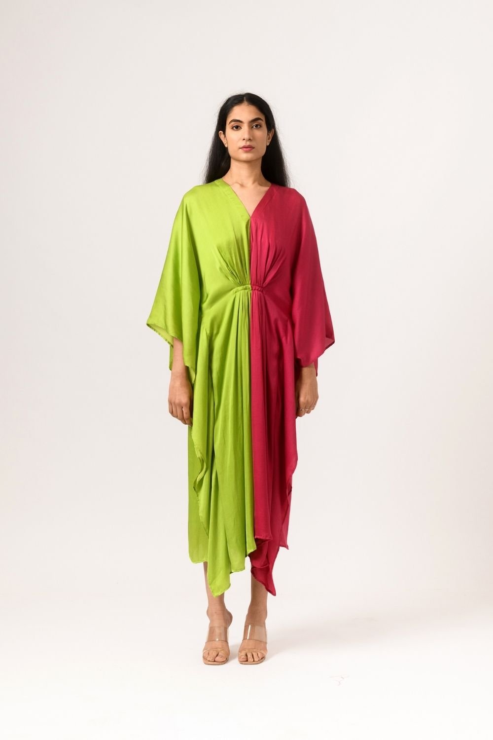 Green-Wine Colorblocked Midi Kaftan