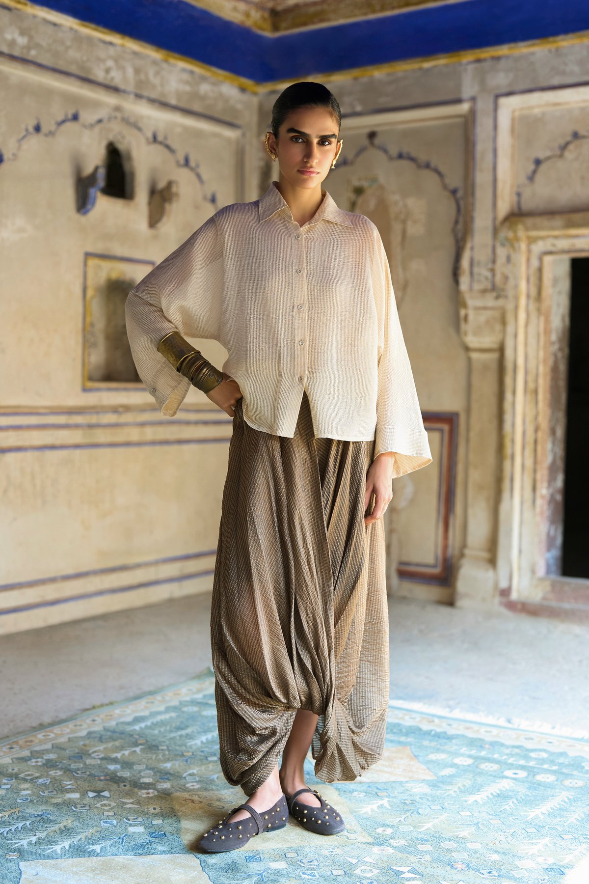 Benares Tissue Structured Shirt & Cowl Drape Pant