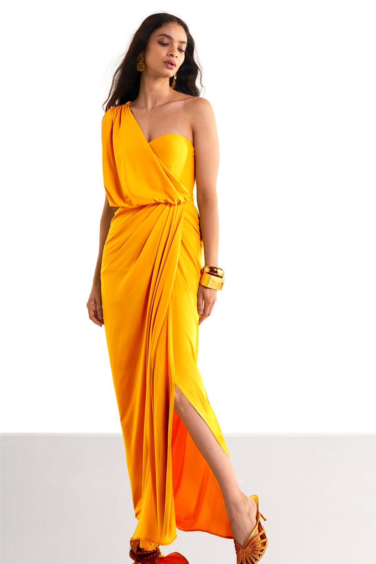 One Shoulder Draped Knit Sari Gown