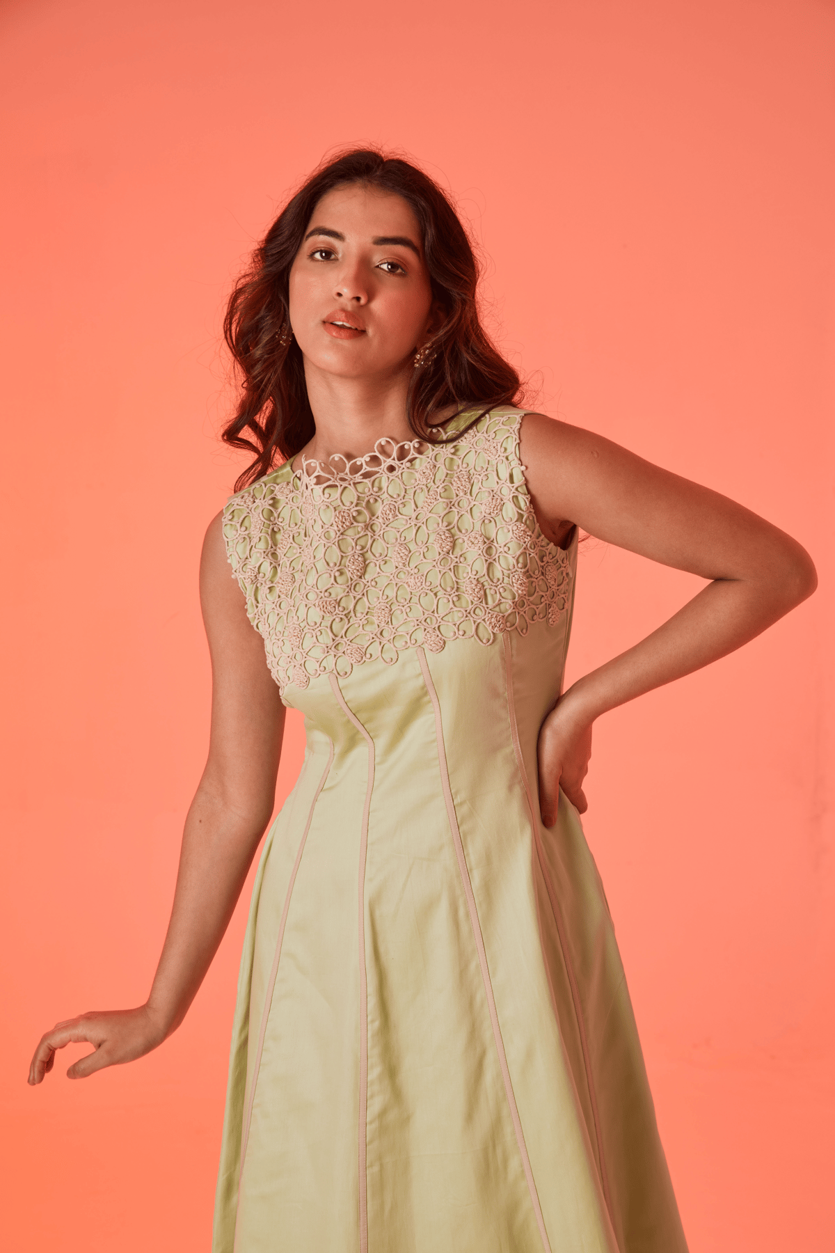 Leek Green Cotton Satin Lace Yoke Fit and Flare Midi Dress