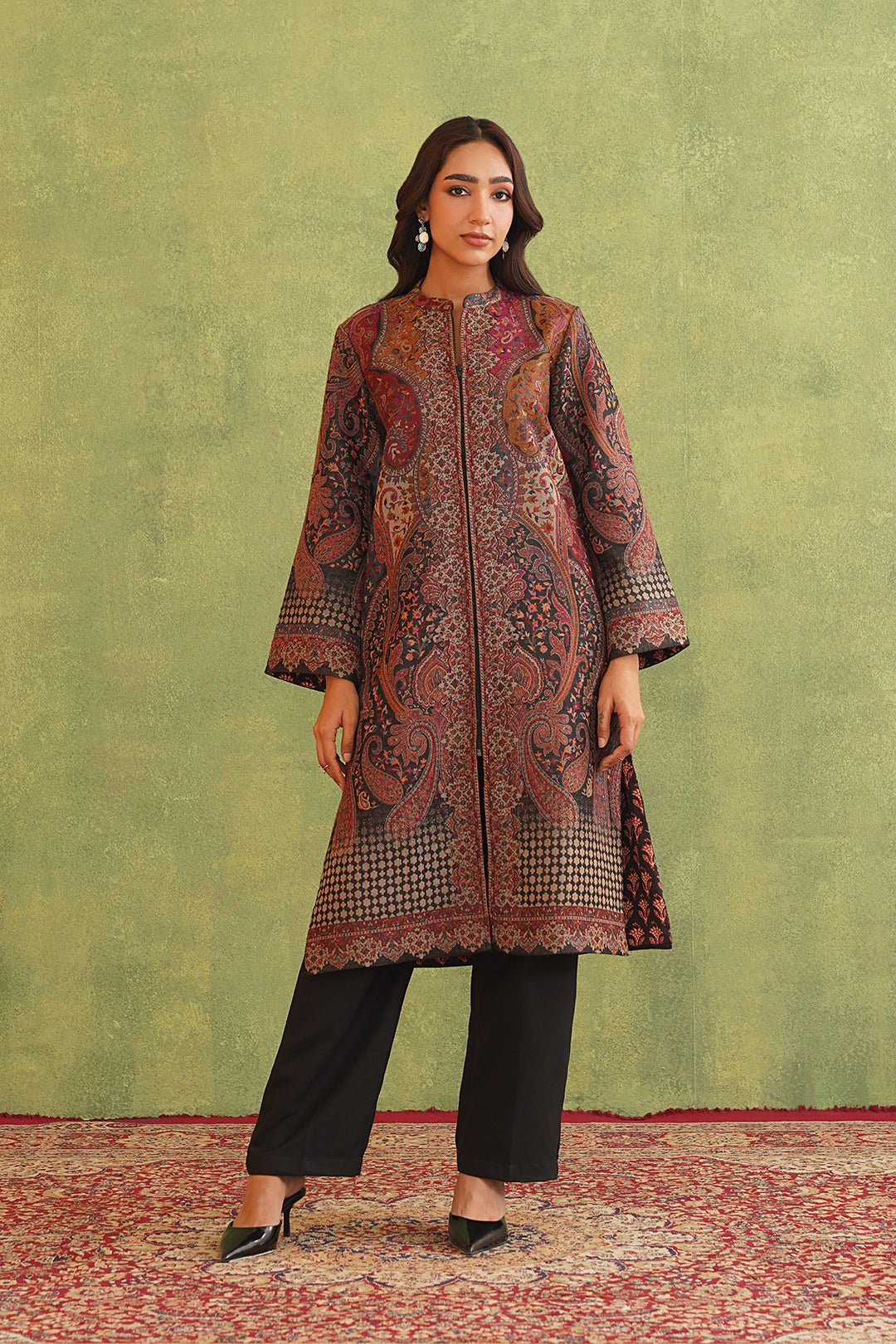 Black Wool-Blend Zip-Front Kurta Set