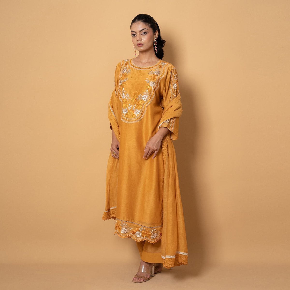 Pale Orange Embroidered Chanderi Suit Set