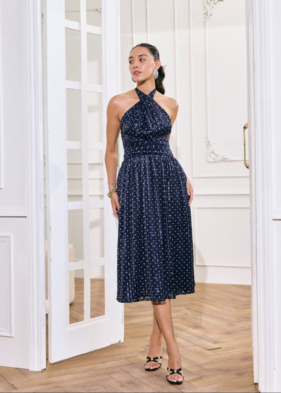 Blue Halter Neck Polka Dot Fit and Flare Midi Dress