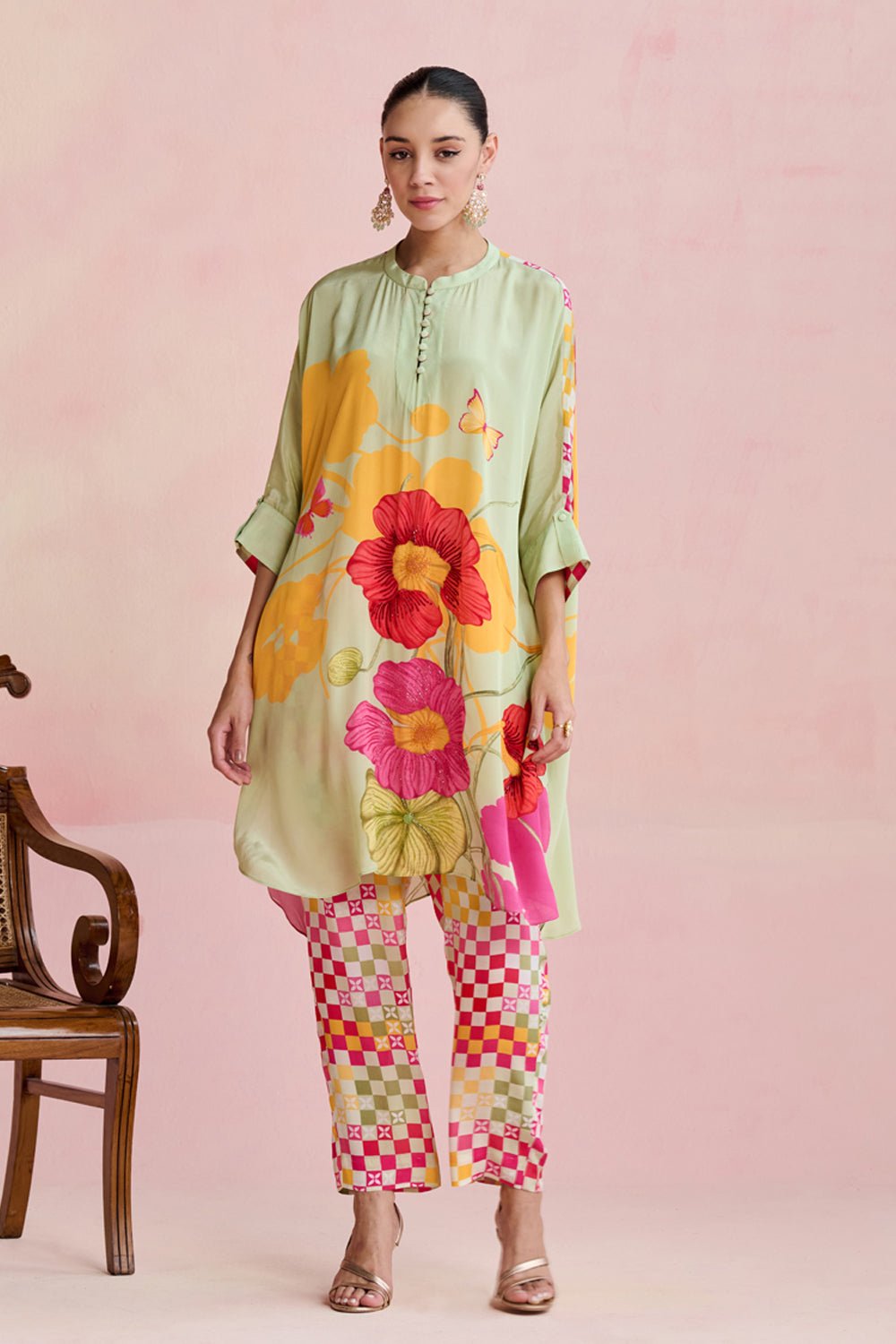 Green Floral Printed Crepe Kurta Set with Embellished Detail