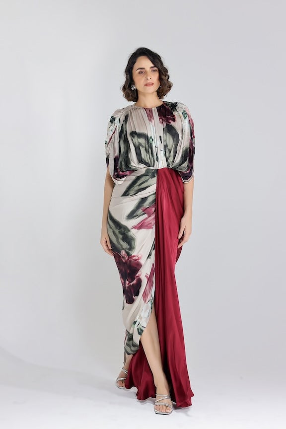 Beige Floral Draped Maxi Gown with Contrast Panel