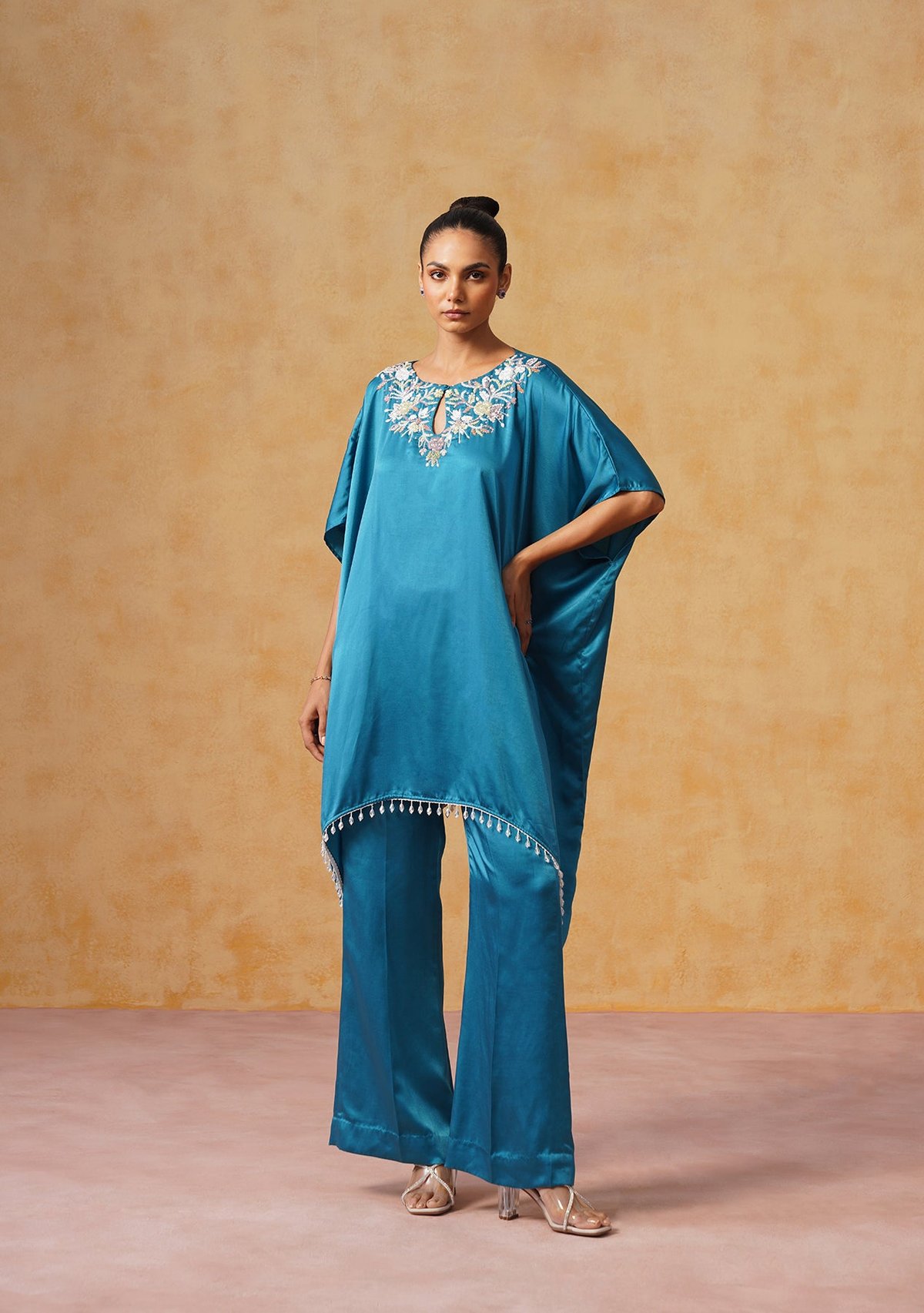 Teal Satin Kaftan and Wide-Leg Pants Co-ord Set