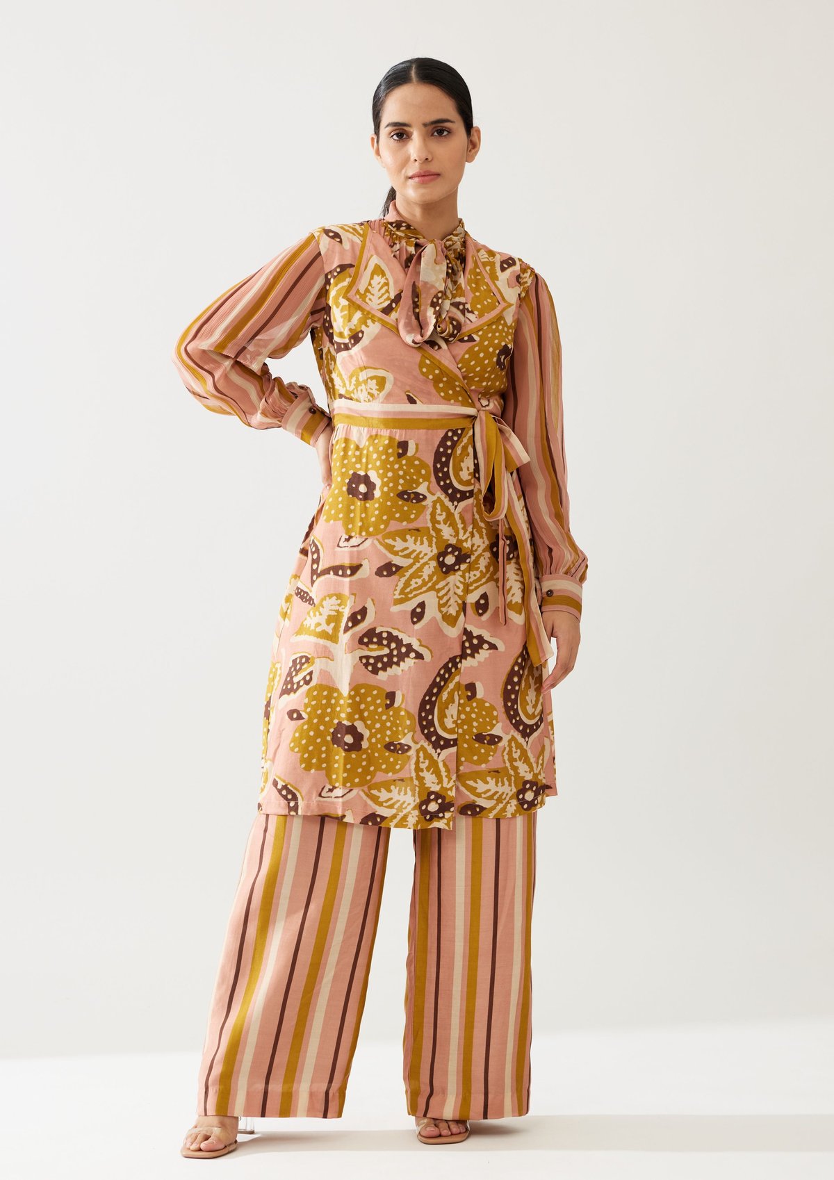 Pink And Mustard Floral Sleeveless Jacket