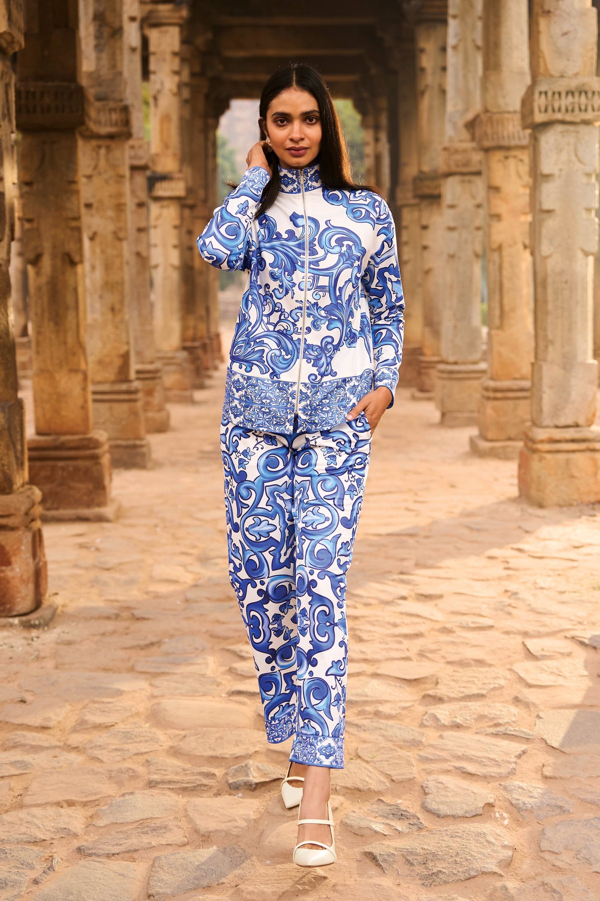 White/Blue Ceramic Print Knit Joggers with Drawstring