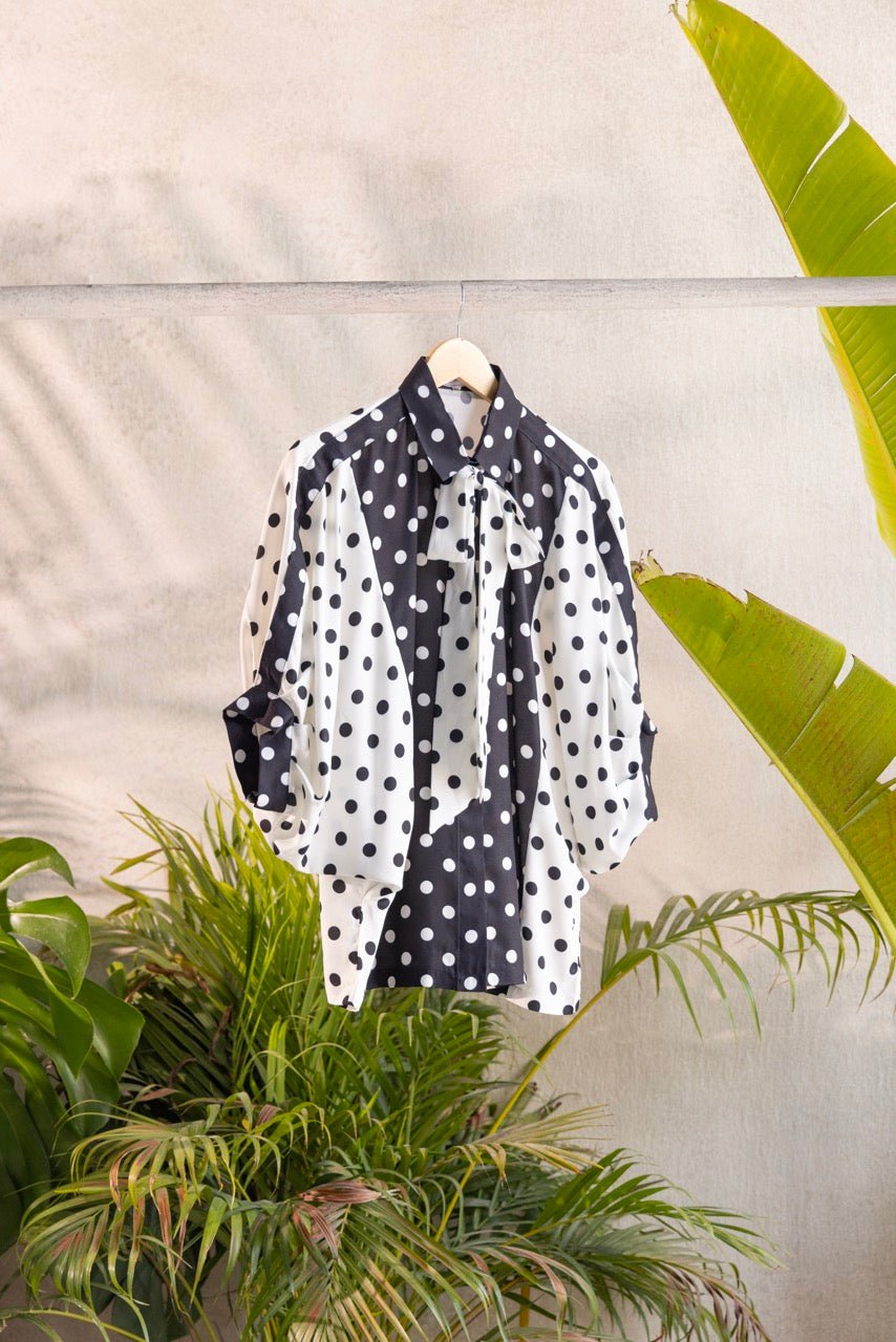 Black and White Polka Dot Tie-Neck Shirt