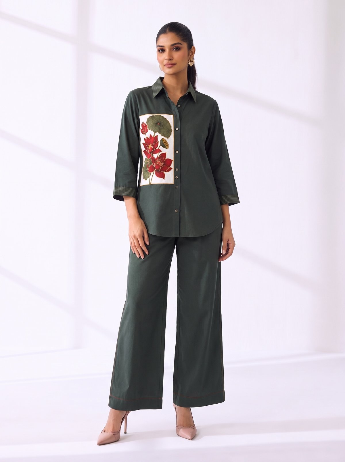 Elegant Dark Green Printed Cordset