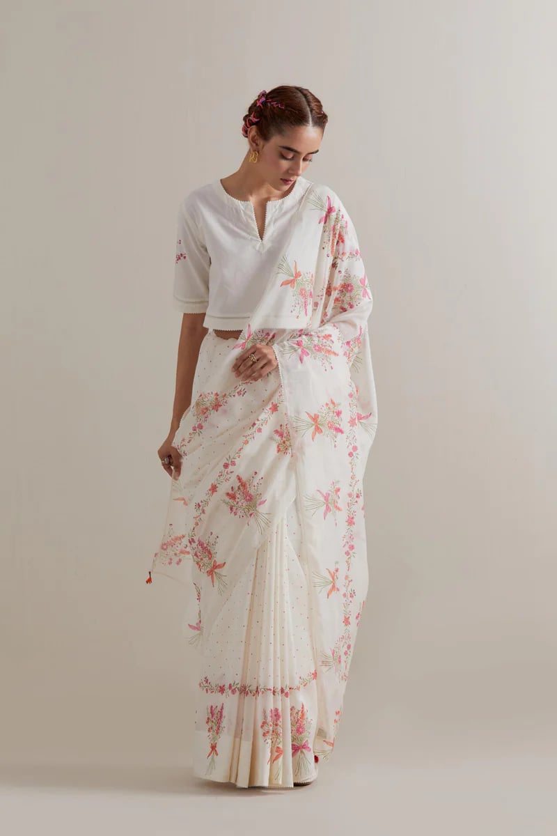 Off-White Saree with Pastel Floral Print