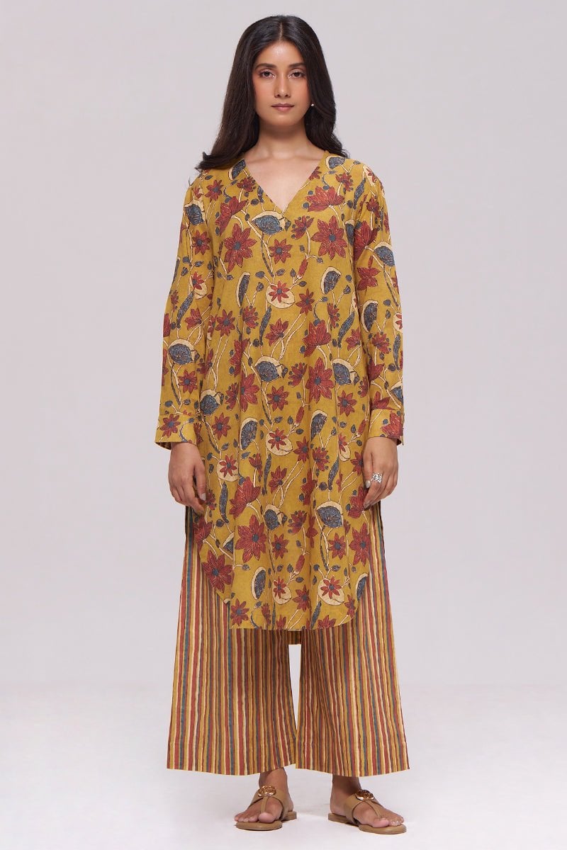 Mustard and Brick Red Floral Kurta and Stripe