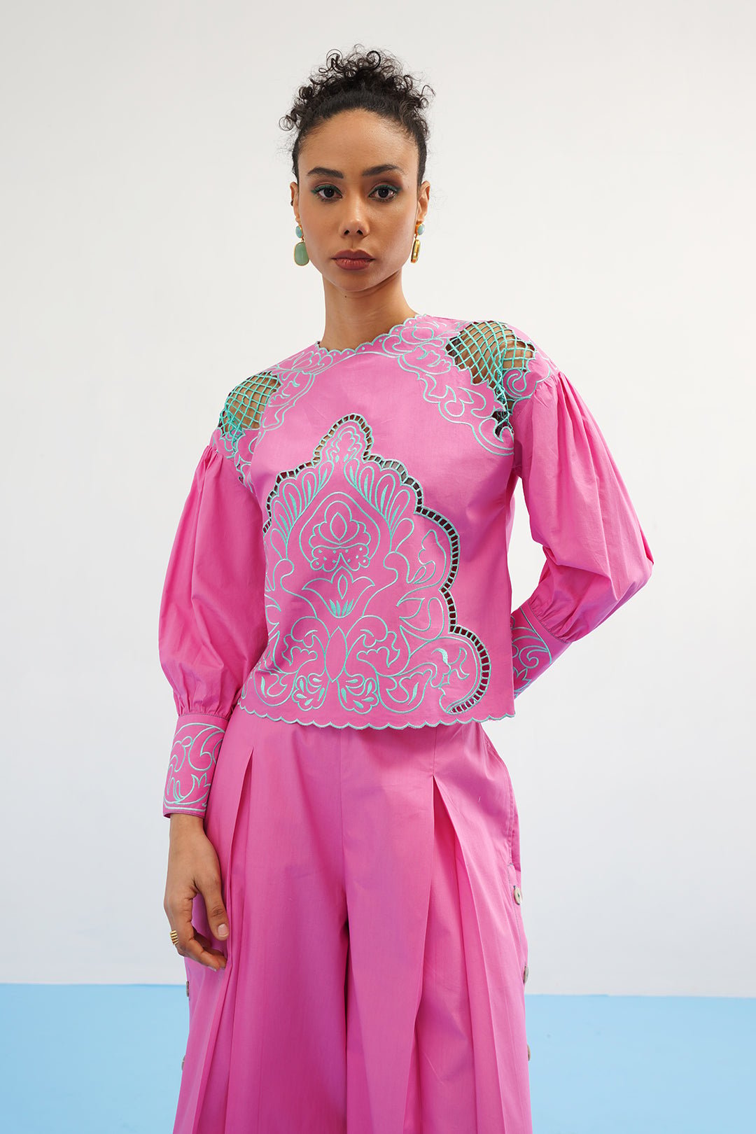 Hot Pink Cotton Embroidered Cutwork Shoulder Top
