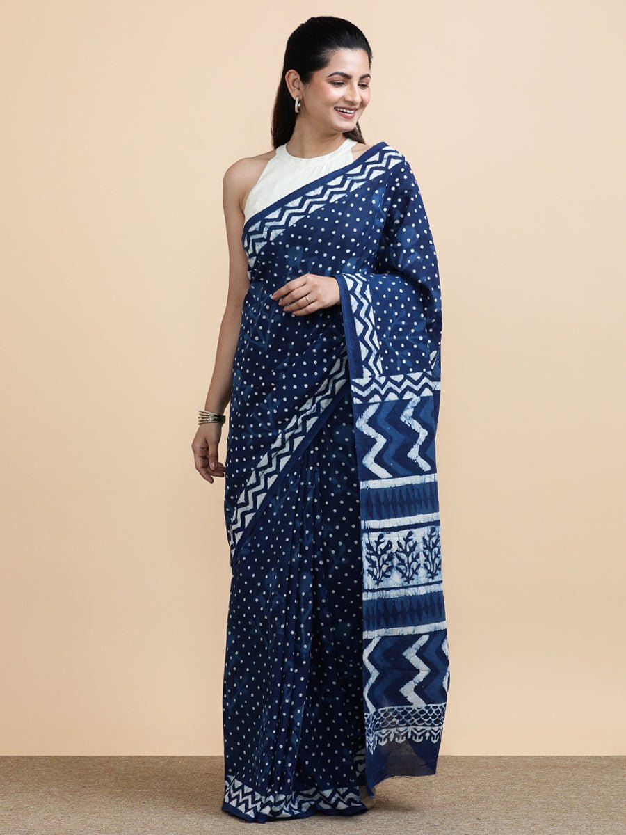 Indigo Blue Polka Dot Cotton Mulmul Saree Rozaana
