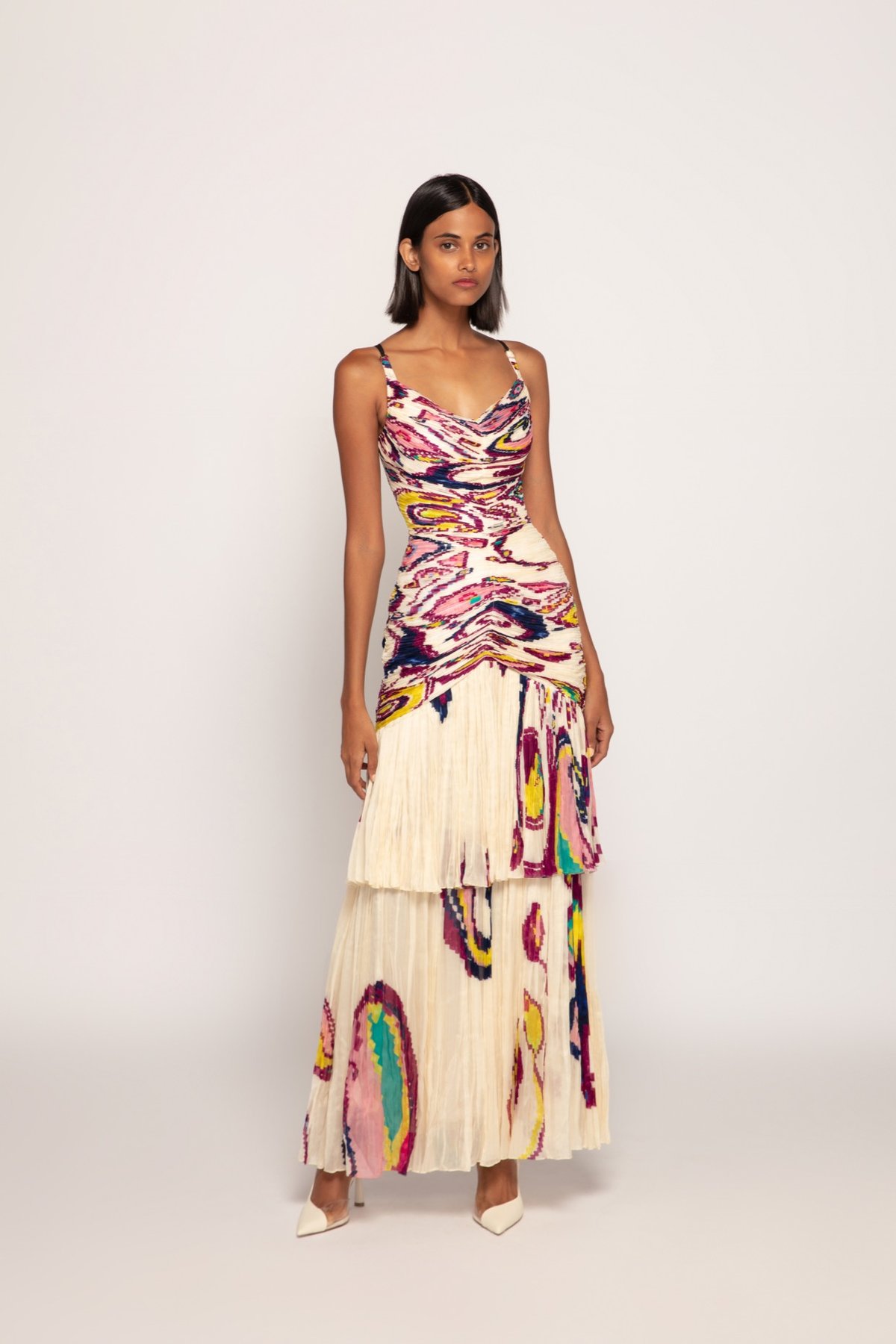 Ivory Paisley Print Pleated Tiered Maxi Dress