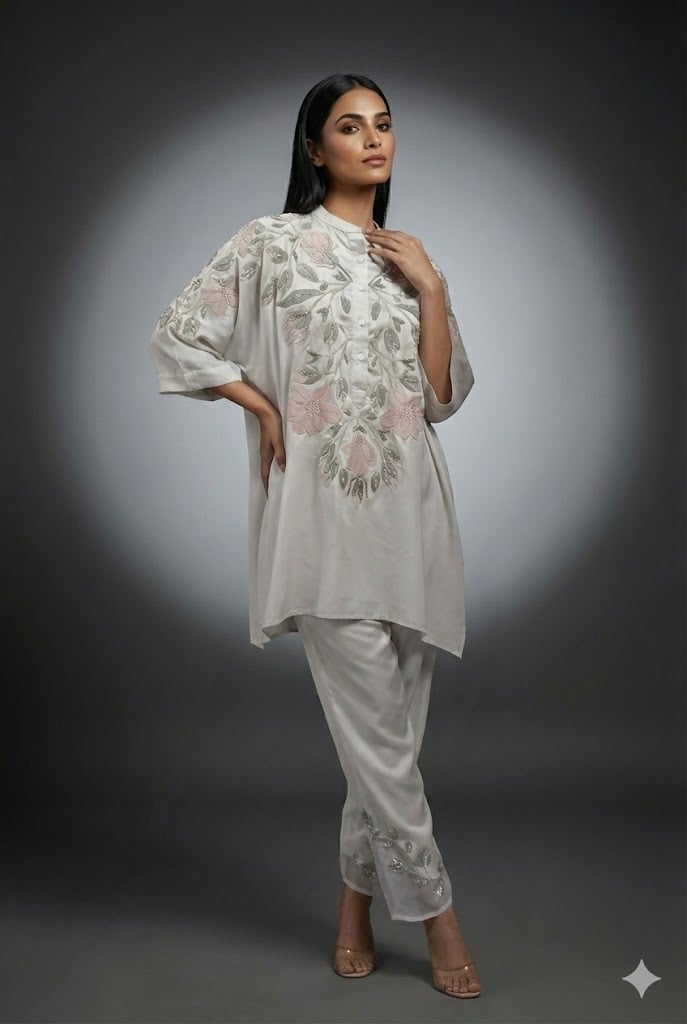 Beige Satin Embroidered Kaftan and Pant Co-ord Set
