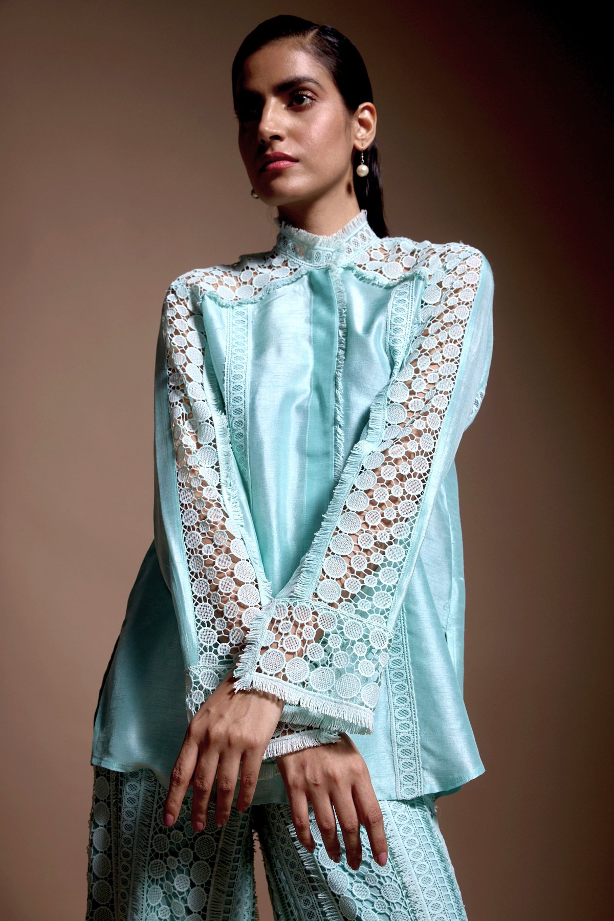 Spearmint Lace Panel Mandarin Collar Shirt-Style Top