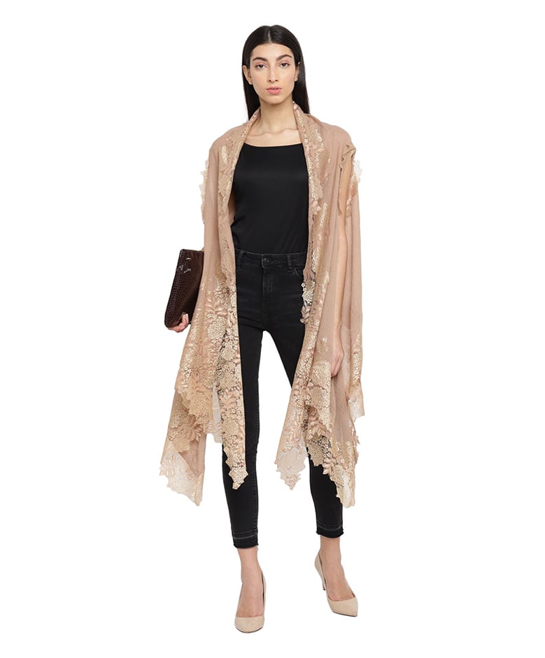 Beige/Gold Wool Herringbone Lace-Trim Longline Cape