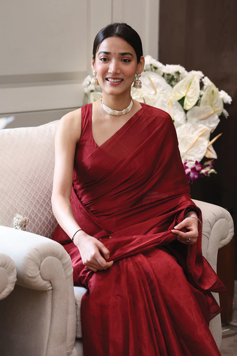 Rich Red Metallic Tissue Saree with Embellished Pallu