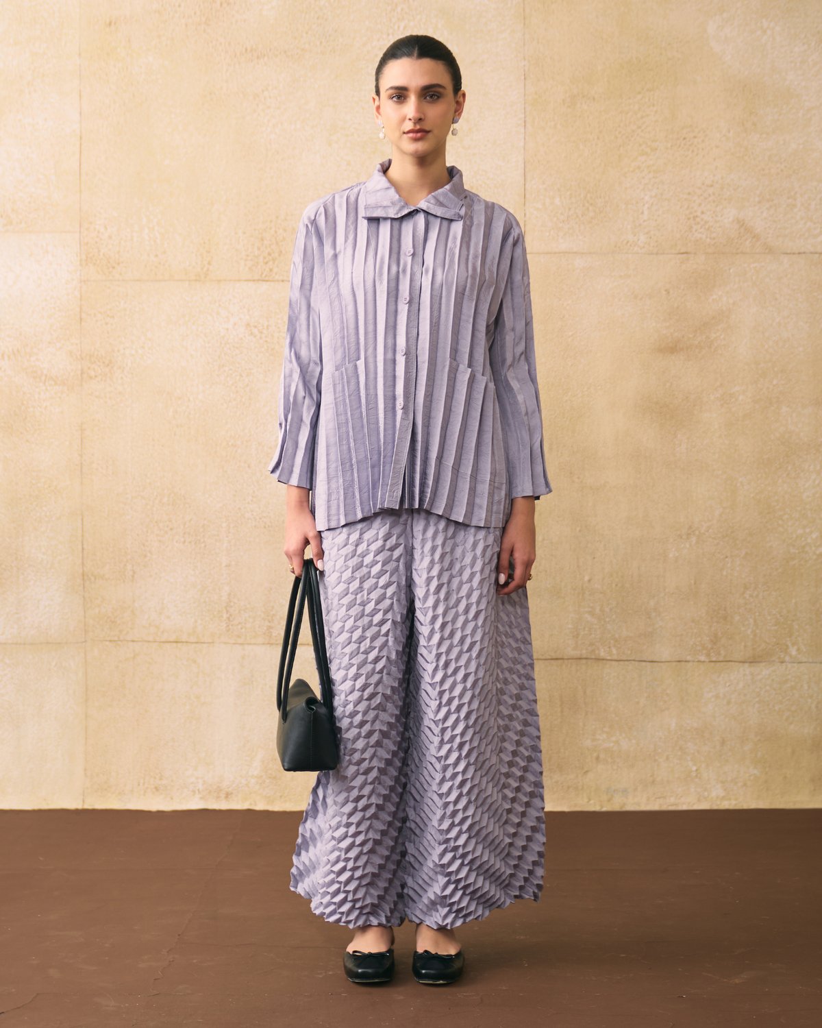 Light Grey Pleated Shirt and Wide-Leg Pants Co-ord Set