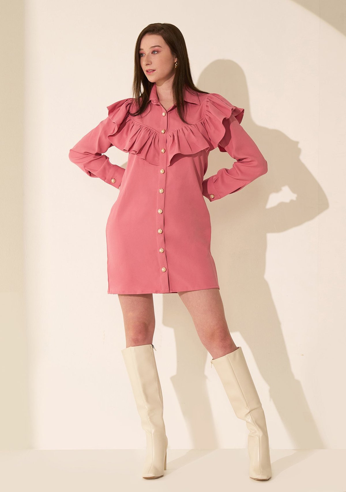 Pink Ruffle Button-Down Mini Shirt Dress