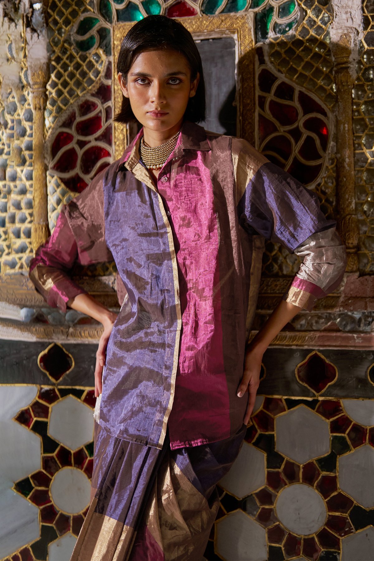 Multicolor Metallic Tissue Colorblocked Shirt with Slip