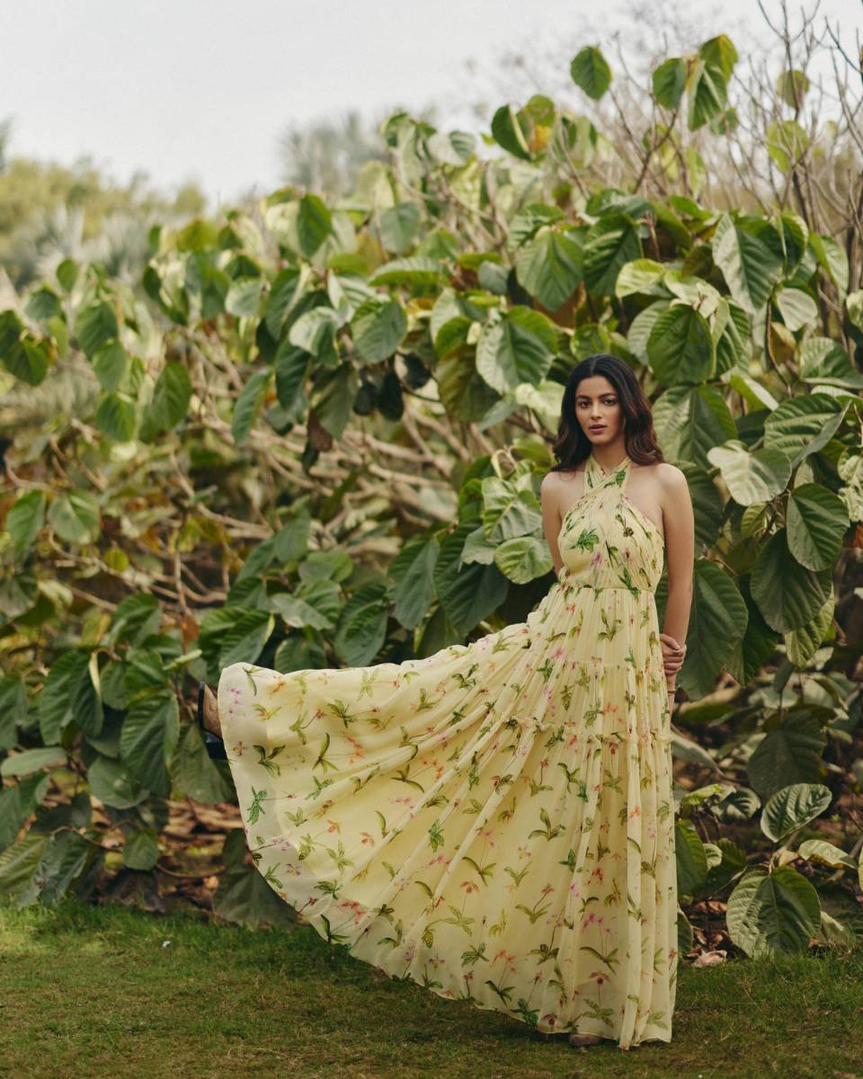 Pastel Yellow Floral Halter Neck Tiered Maxi Dress