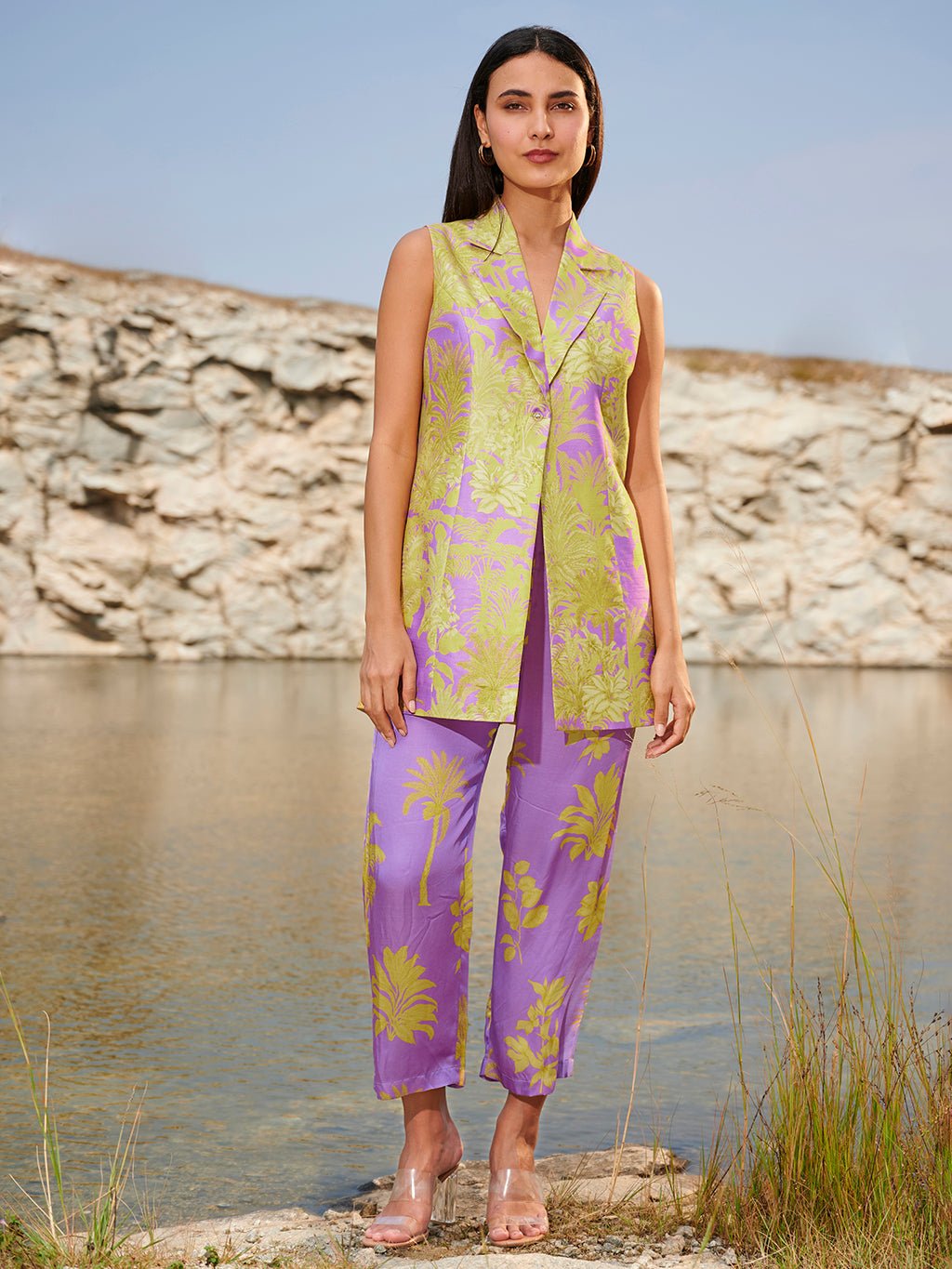 Purple and Yellow Printed Satin Co-ord Set