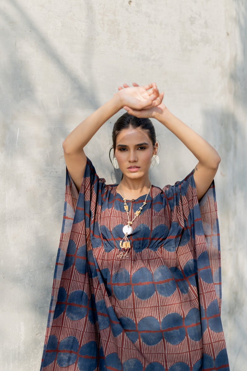 Burgundy and Blue Printed Cotton Midi Kaftan Dress