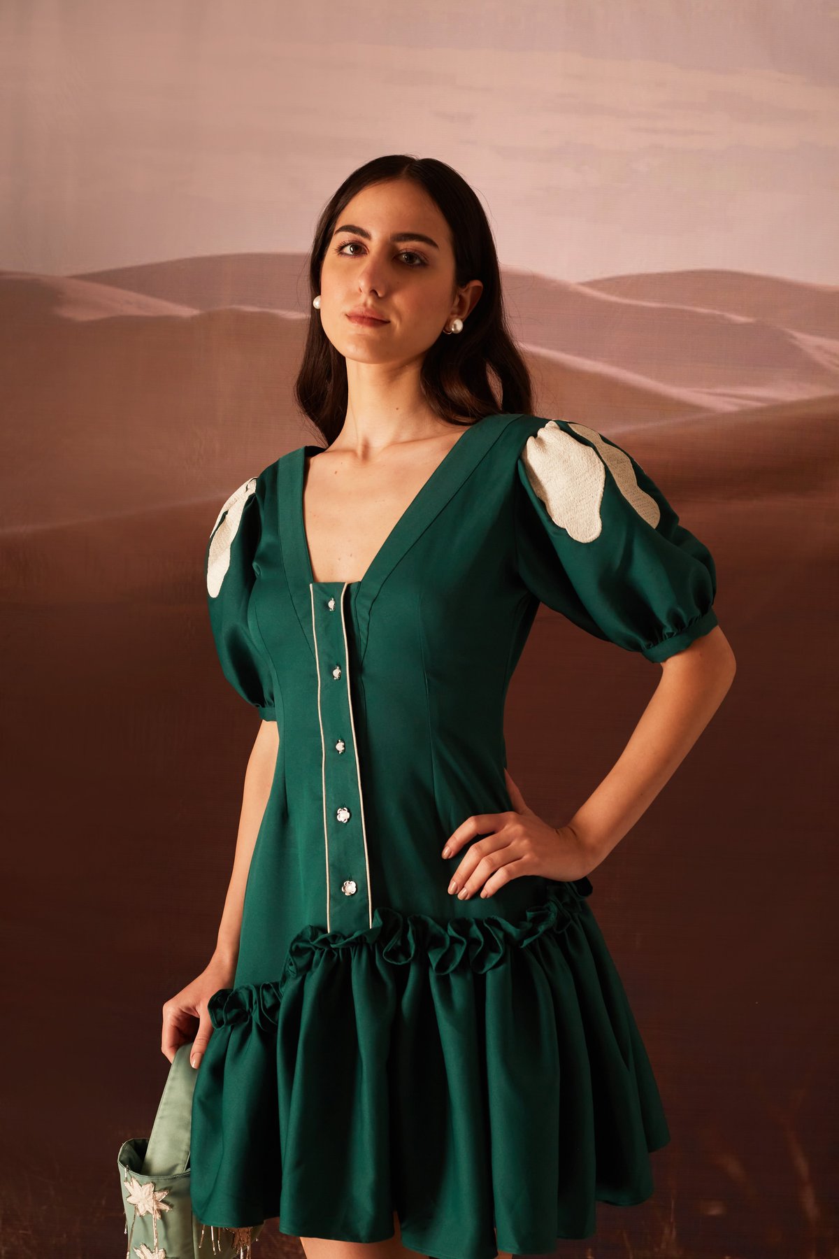 Green Fit and Flare Mini Dress with Puff Sleeves