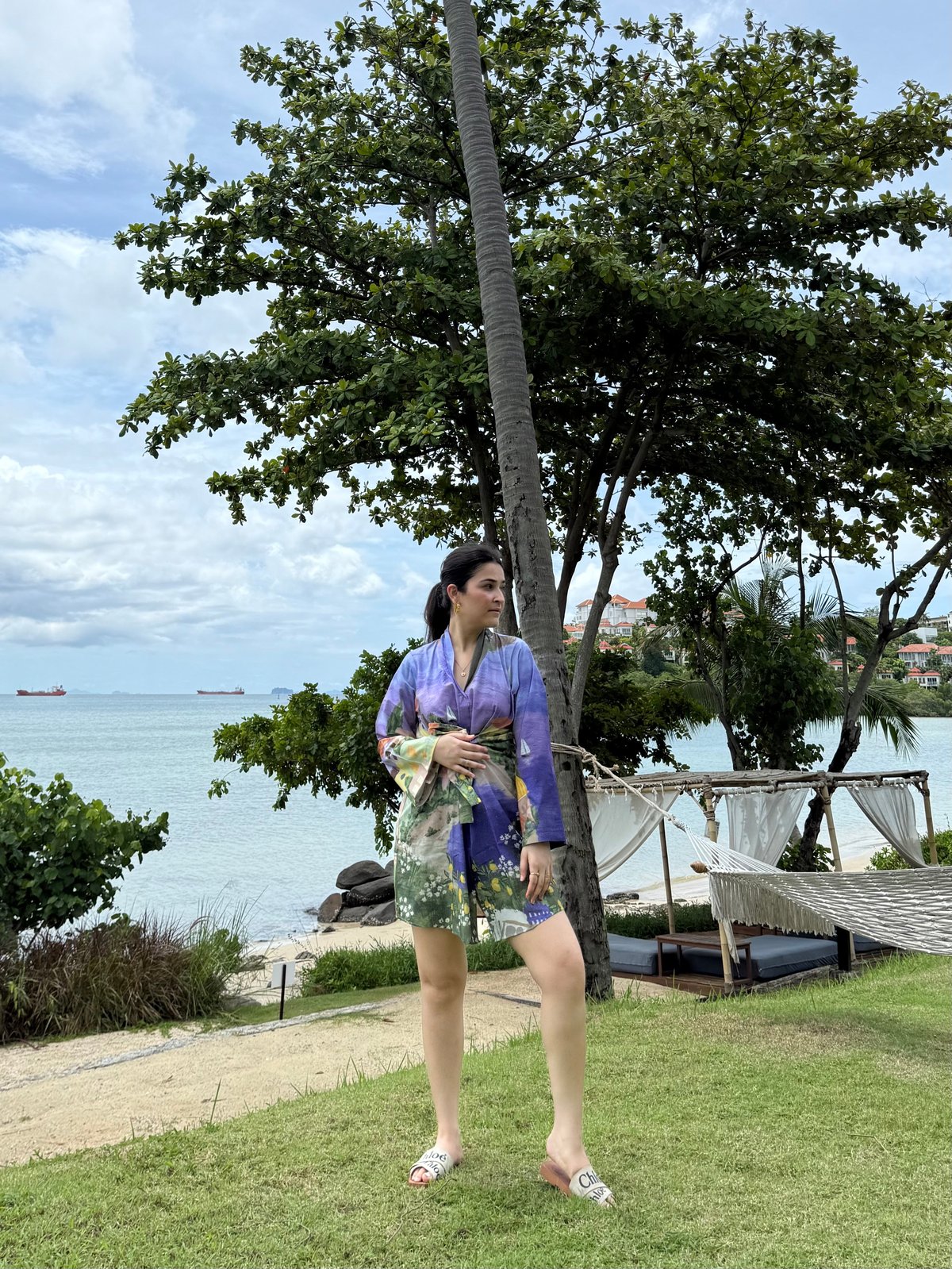 Blue Green Scenic Print Cotton Wrap Mini Dress