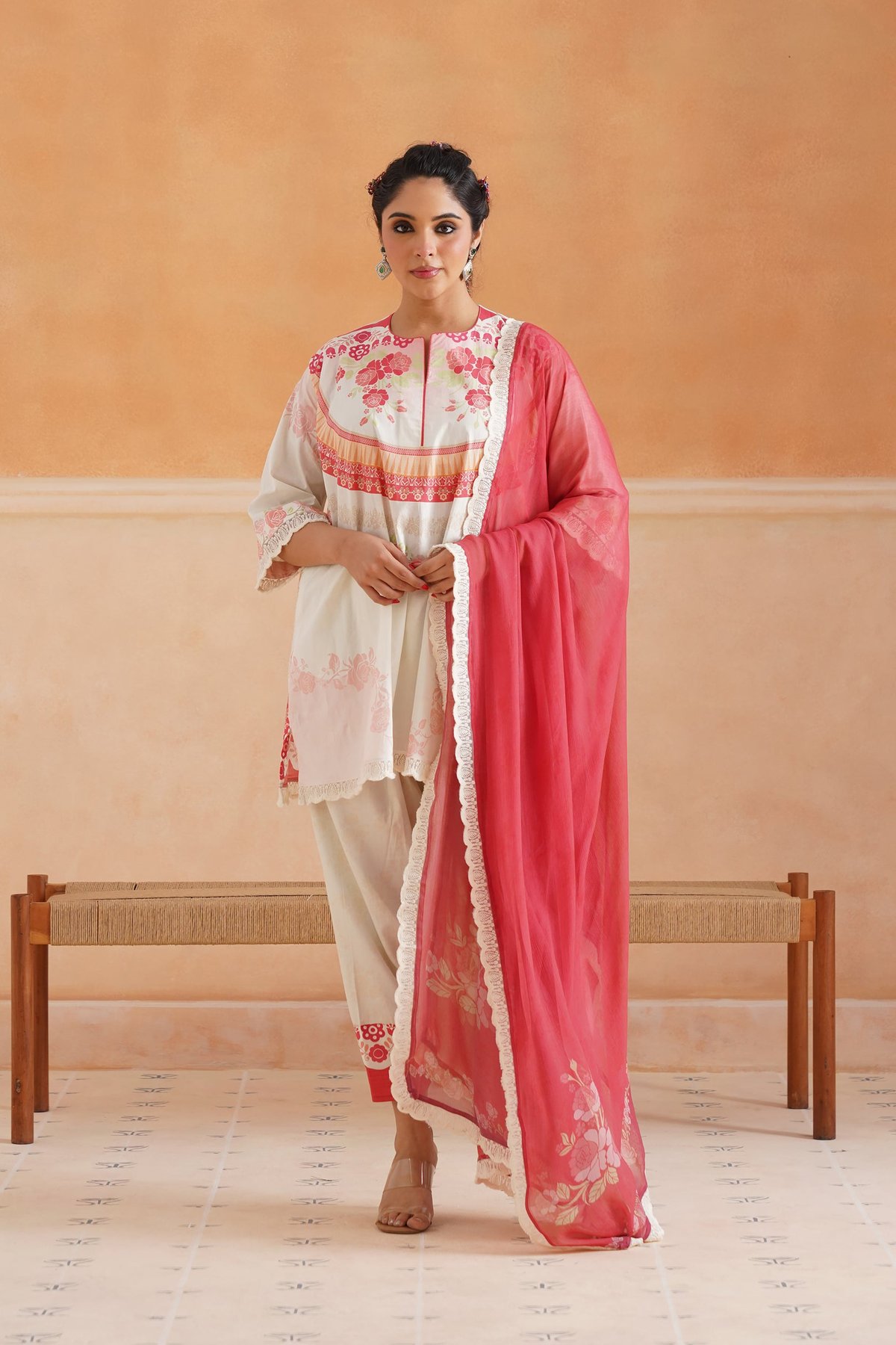 Ivory Floral Printed Cotton Kurta Set with Coral Dupatta