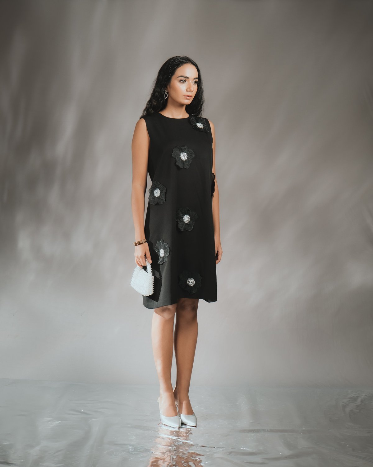 Black A-Line Knee-Length Dress with 3D Floral Applique