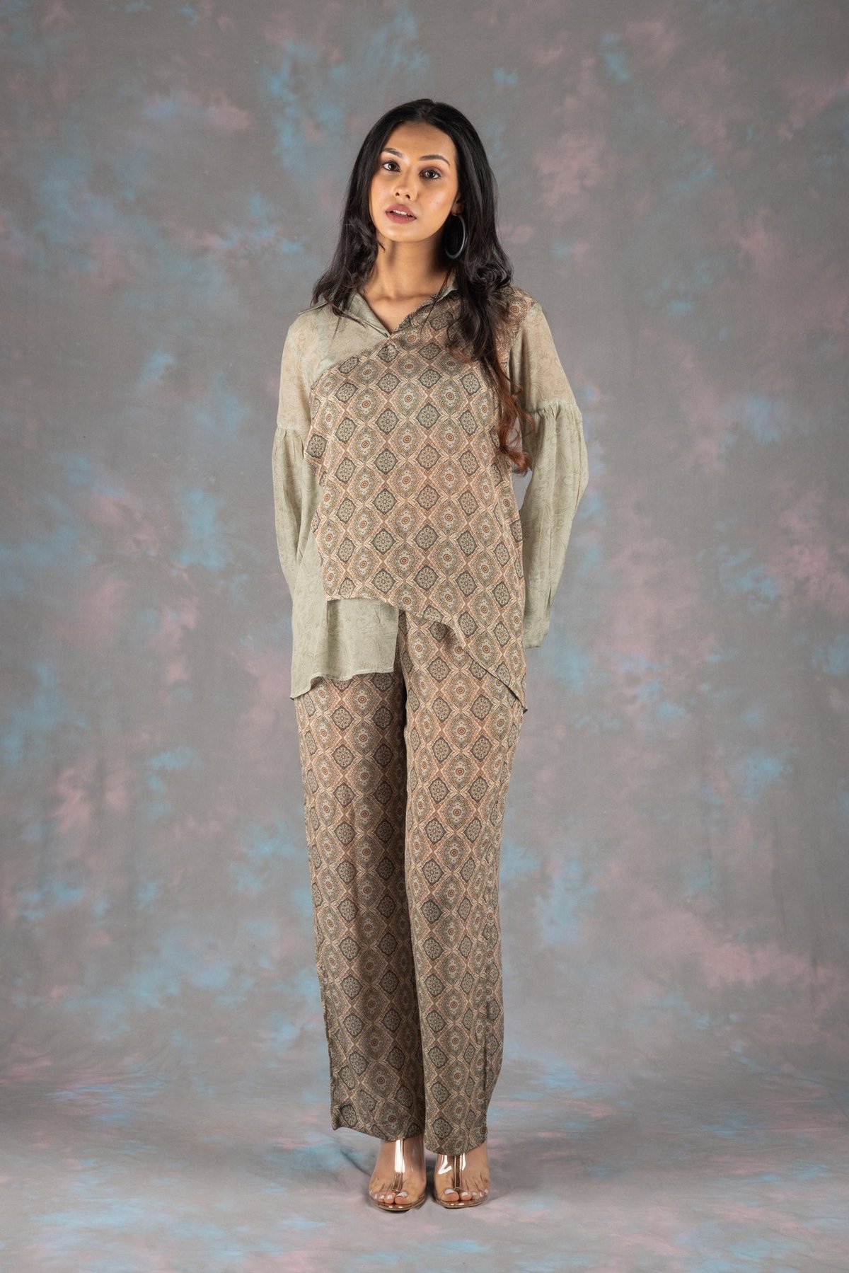 Pista Green Printed Shirt and Wide-Leg Pants Co-ord Set