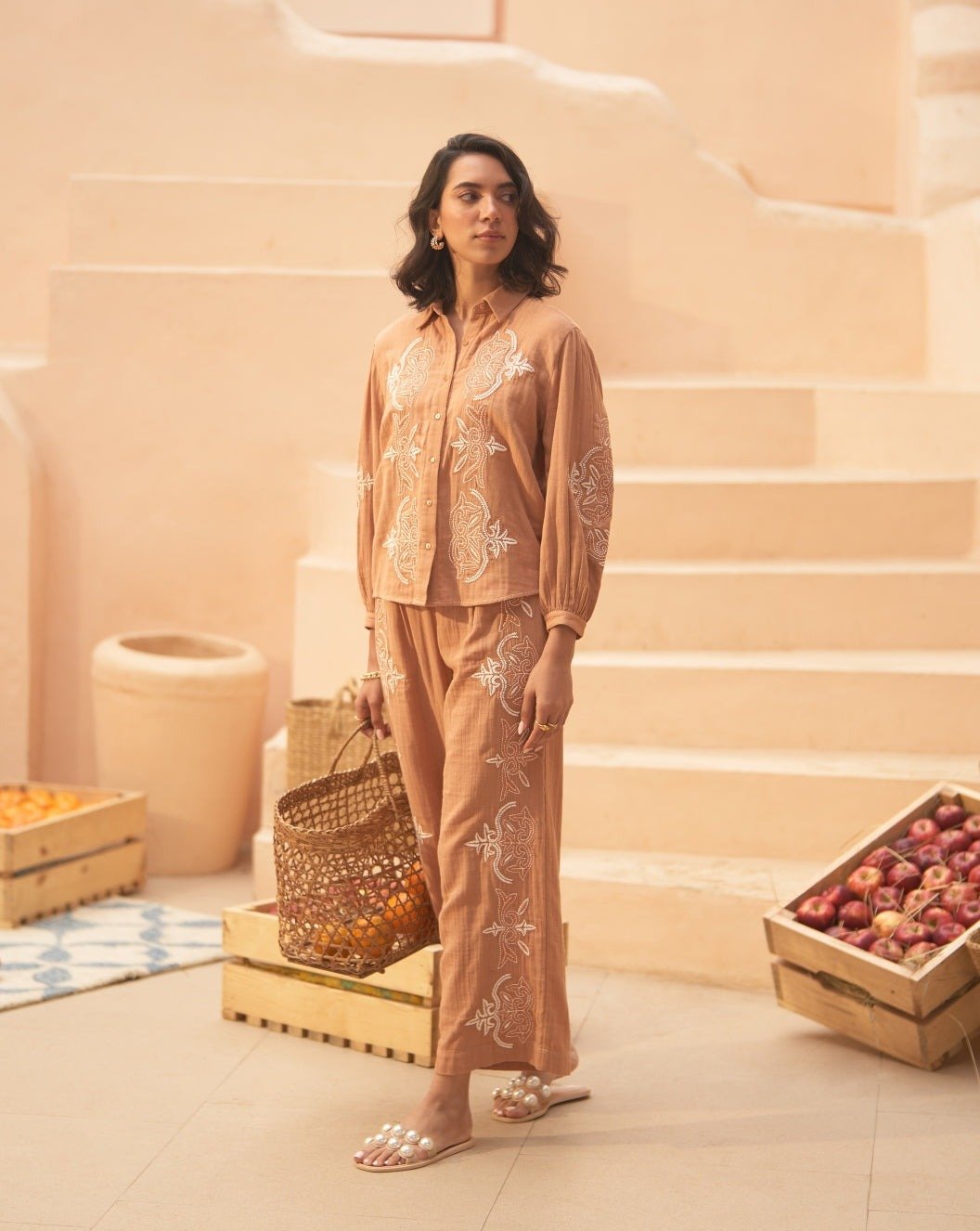 Beige Cotton Embroidered Shirt with Bishop Sleeves
