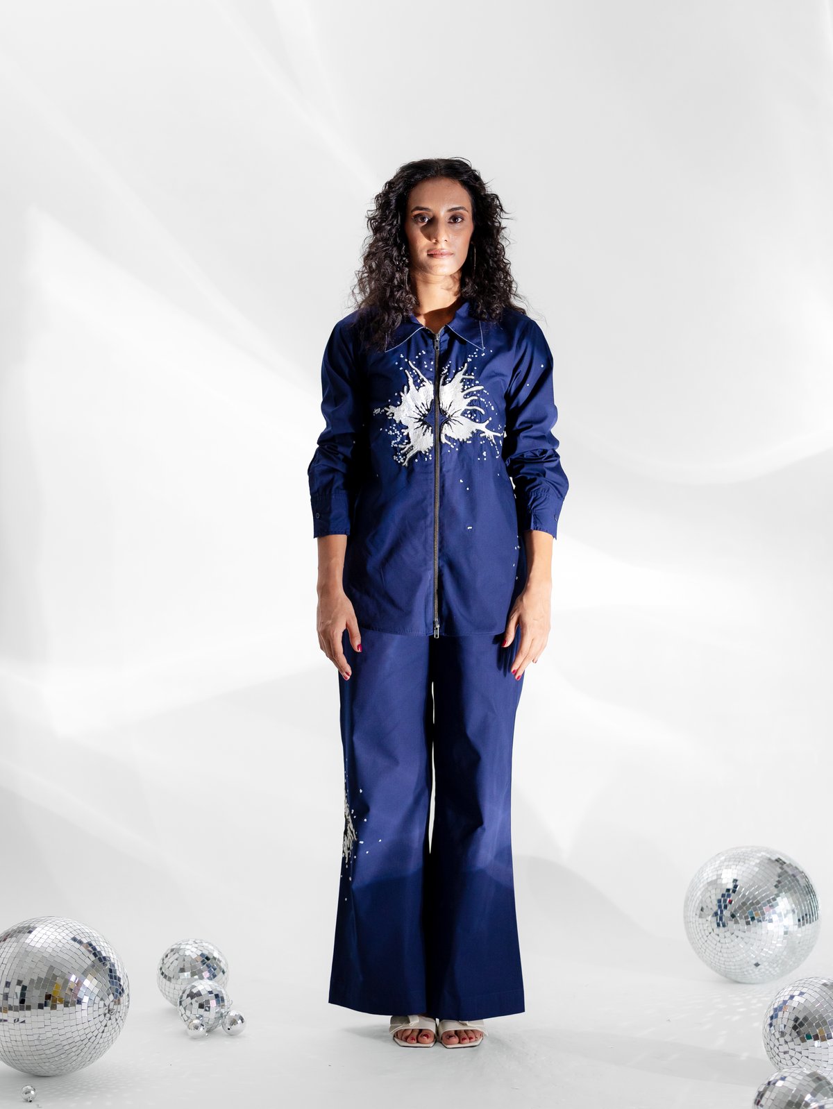Navy Blue Zip-Front Shirt and Wide-Leg Pants Co-ord Set