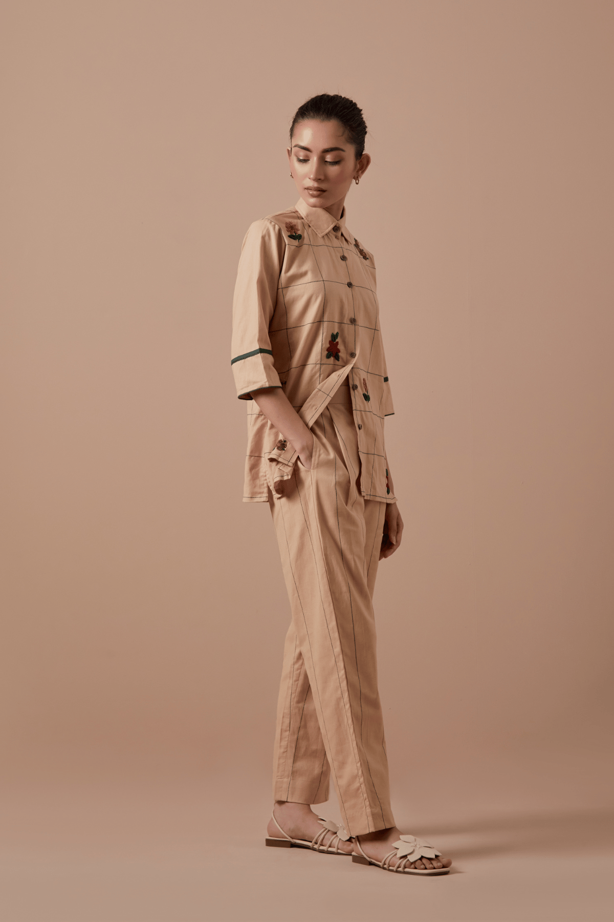 Beige Hemp Cotton Straight-Leg Regular-Fit Trousers