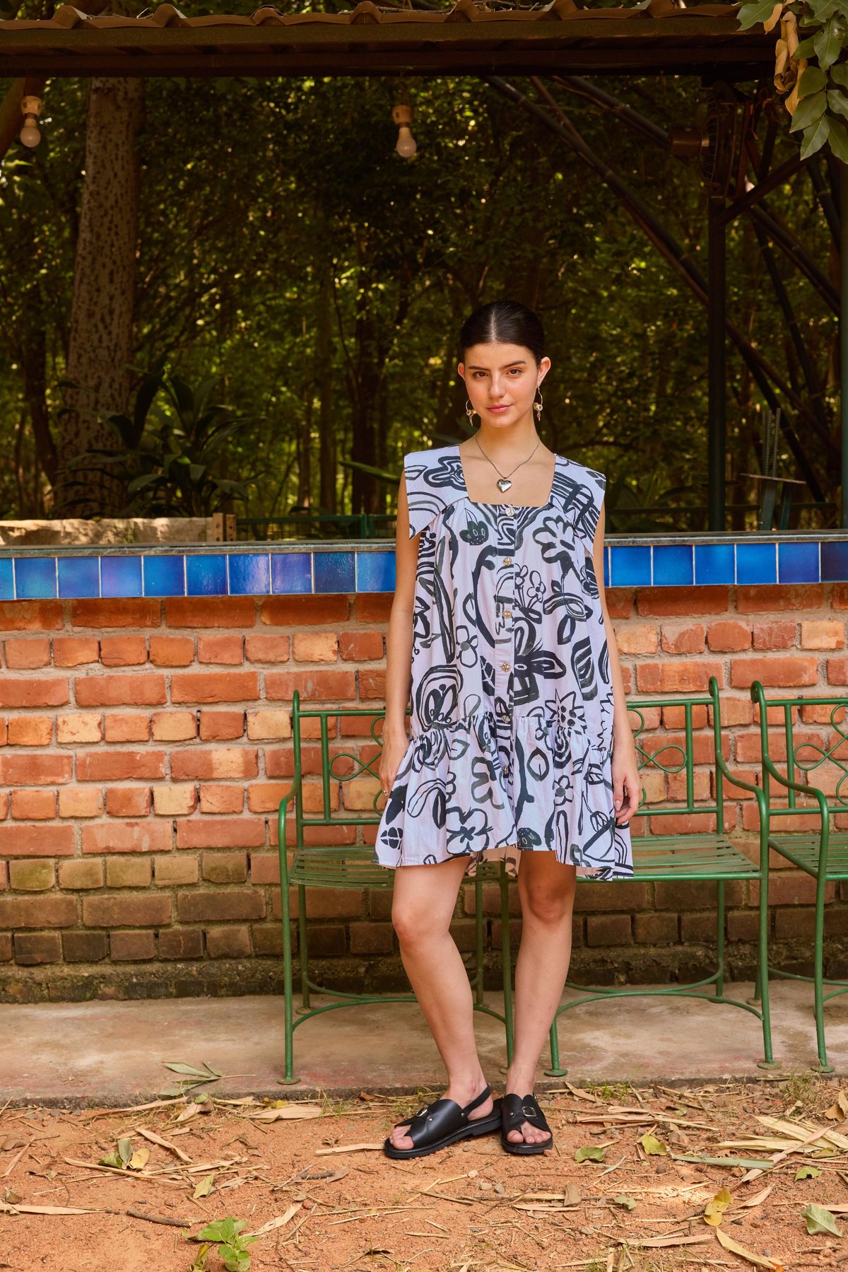 Monochrome Printed Tiered Mini Dress with Statement Collar