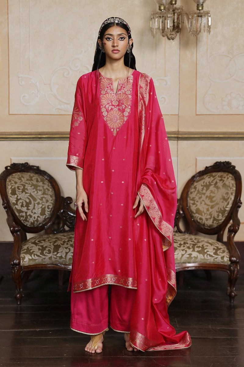 Fuchsia Pink Embroidered Kurta Set with Palazzo and Dupatta