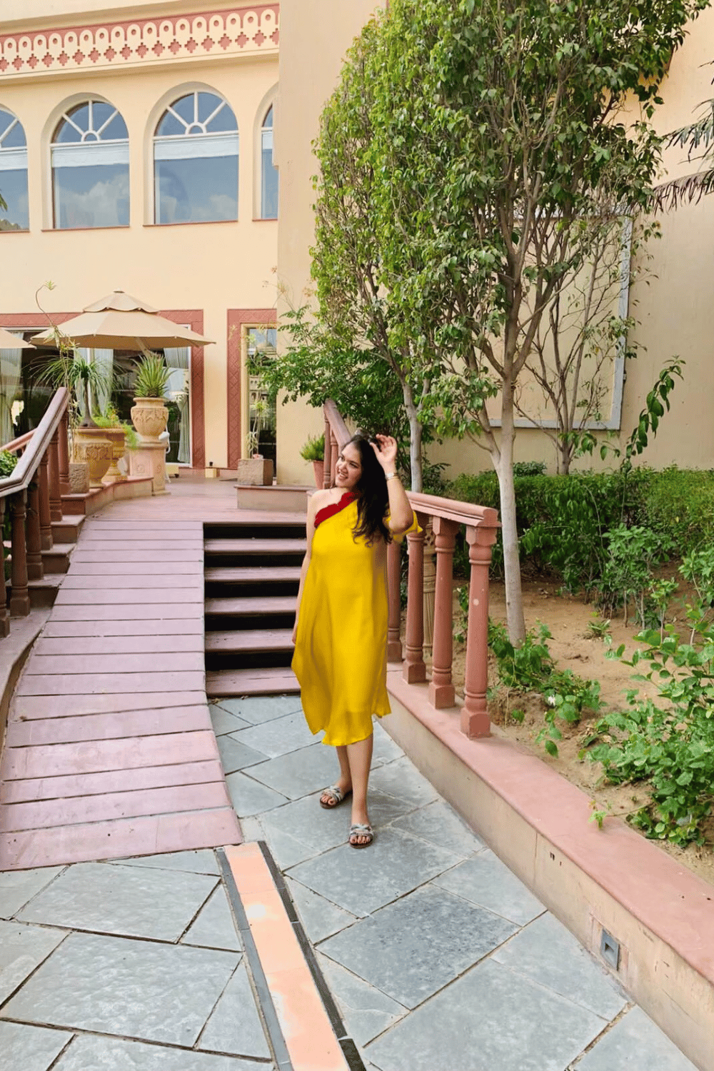 Wine-Yellow One-Shoulder Draped Midi Dress