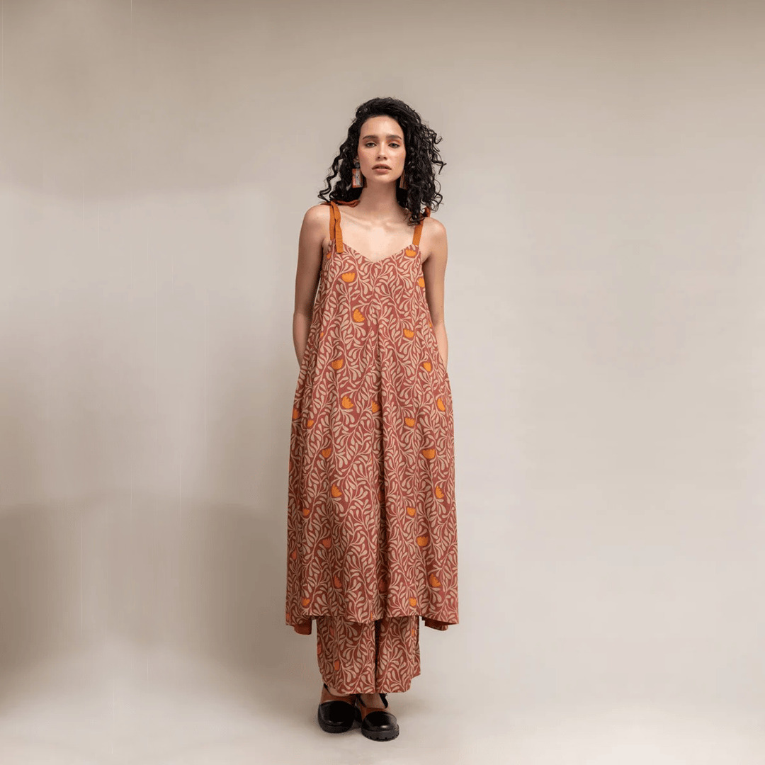 Rust Printed Modal Kurta Set with Tie-Up Straps