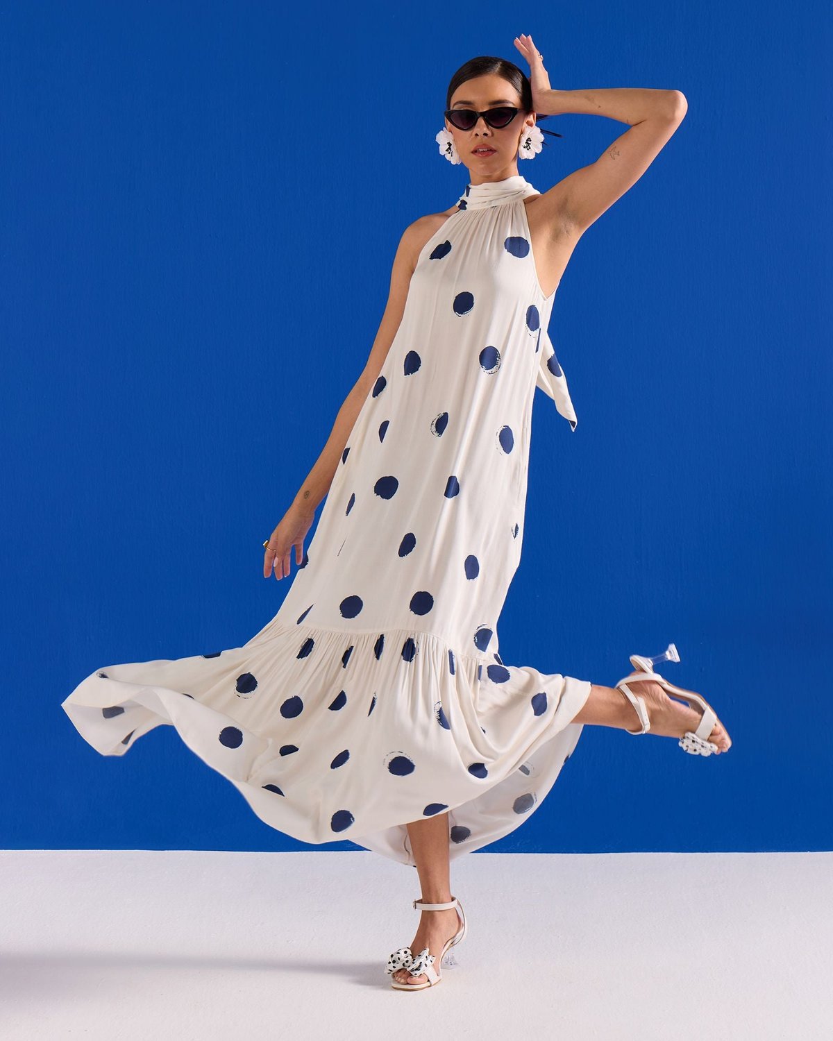 Blue/White Polka Dot Halter Neck Tiered Maxi Dress