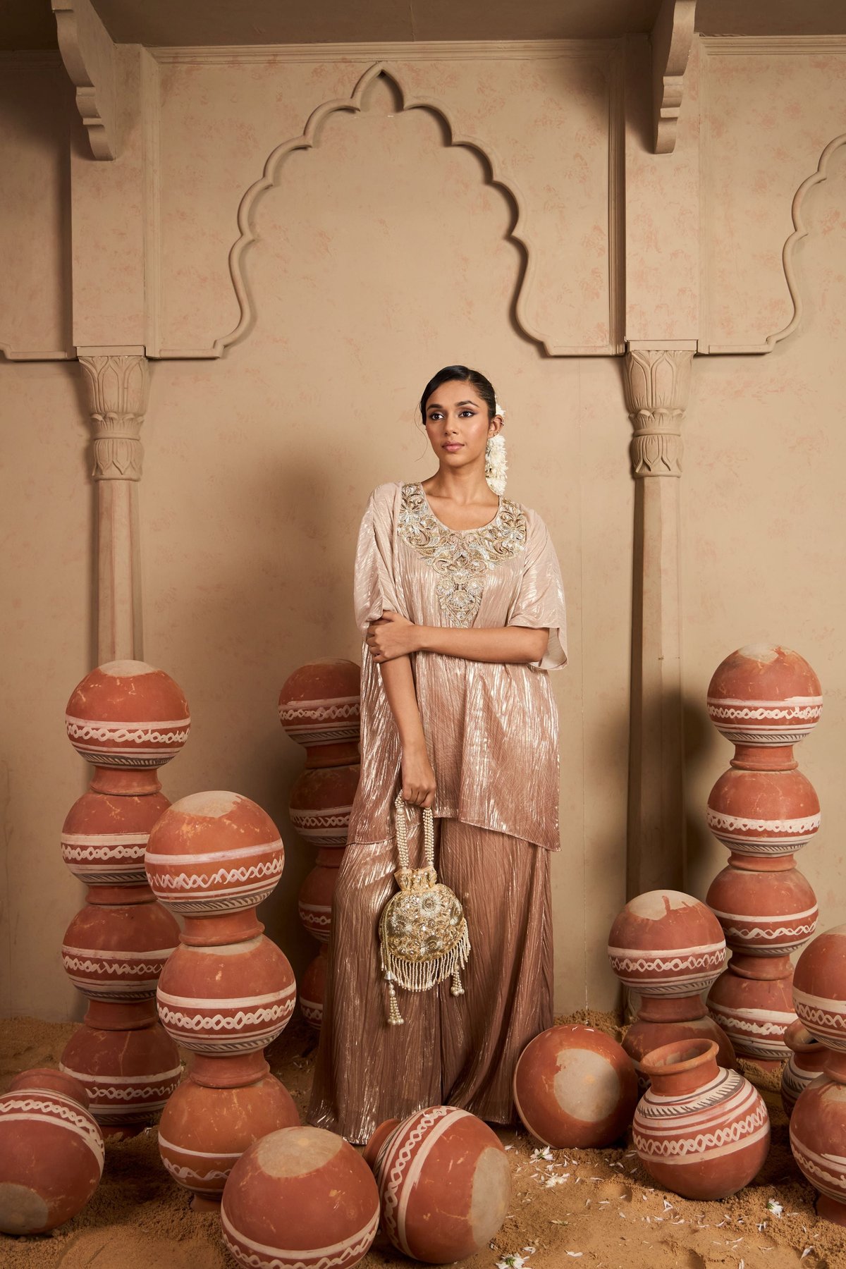 Blush Silver Tissue Embroidered Kaftan Co-ord Set