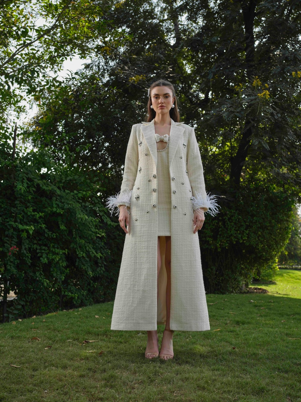 White Tweed Mini Dress Set with Long Embellished Coat