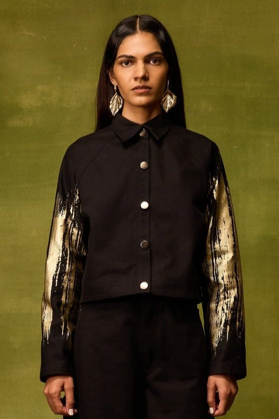 Black Cropped Denim Jacket with Gold Foil Sleeves